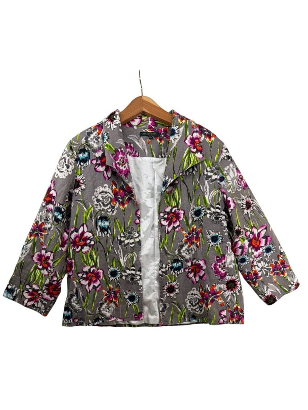 For Cynthia Women Jacket Sz L Petite Gray/Multicolor Floral OpenFront Boho Artsy